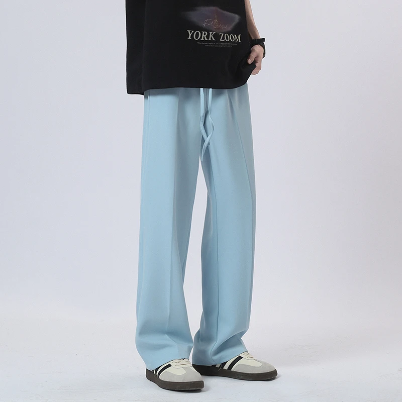 Summer Men's Straight Pants Multi Colored Drawstring Drape Long Oversized Trousers Fashion Boy Girl Streetwear Black Khaki Beige