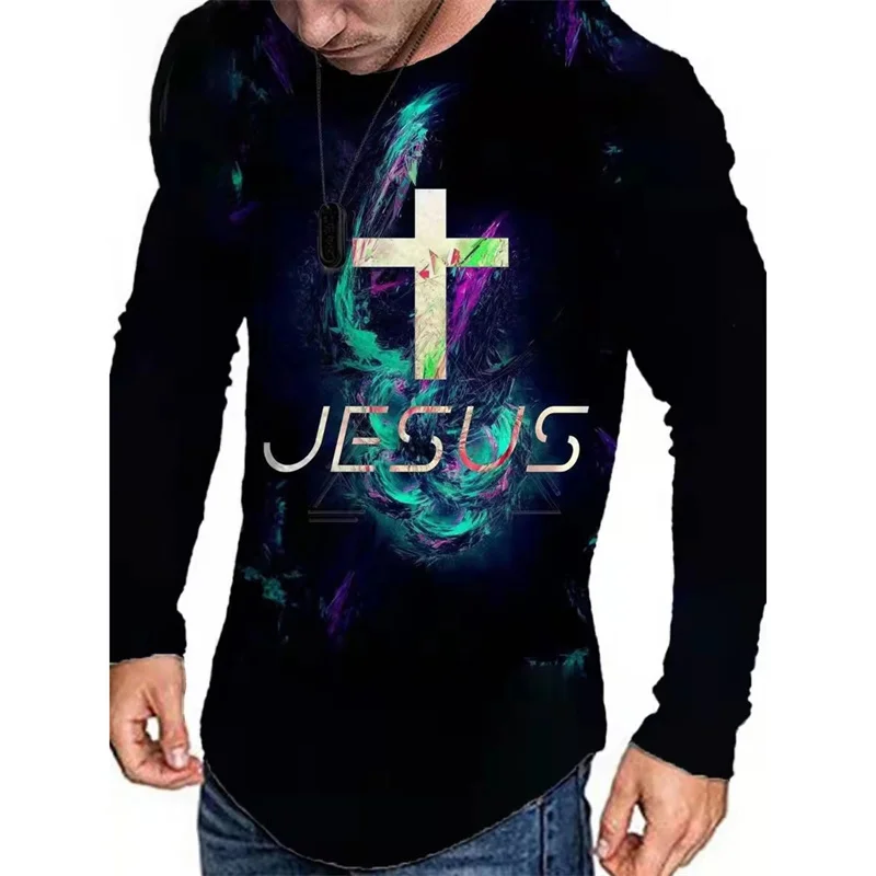3D Printed Jesus Christianity T Shirt For Men Skeleton Pattern Tees Spring Autumn Breathable T-Shirts O-Neck Tops Long Sleeves
