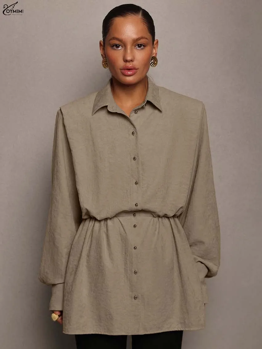 

Oymimi Elegant Khaki Pleated Women's Shirt Fashion Lapel Long Sleeve Single Breasted Shirts Casual New High Waisted Solid Shirts