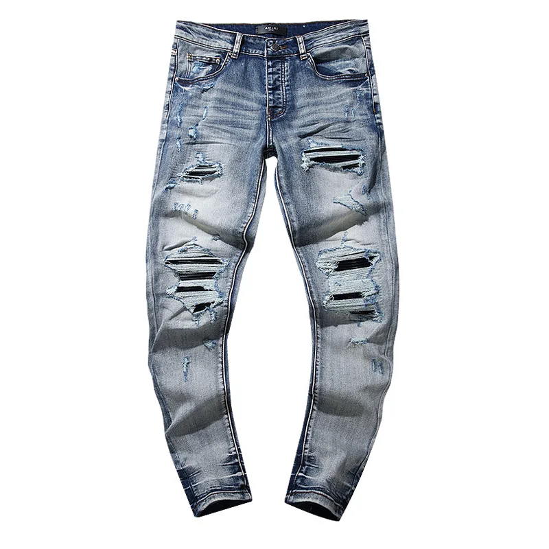 Waed Vintage américain Sle hommes jean taille basse ample jambe droite déchiré éclaboussé encre Cool Haome saison de printemps