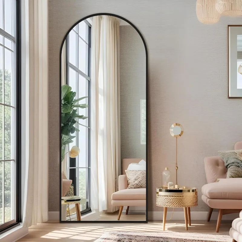 

Arched Full Length Mirror with Stand, 64"x21" Black Floor Mirror Framed Wall Mounted Body Mirror Full Body Hanging