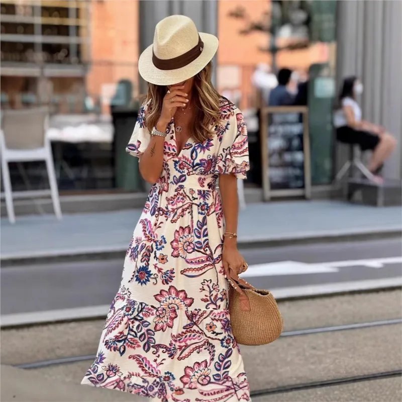 Sukienka plisowana na imprezę w stylu boho na rok 2025, elegancka sukienka z dekoltem w serek, podkreślająca talię, długa sukienka wakacyjna damska, codzienna sukienka plażowa z krótkim rękawem i falbanami.