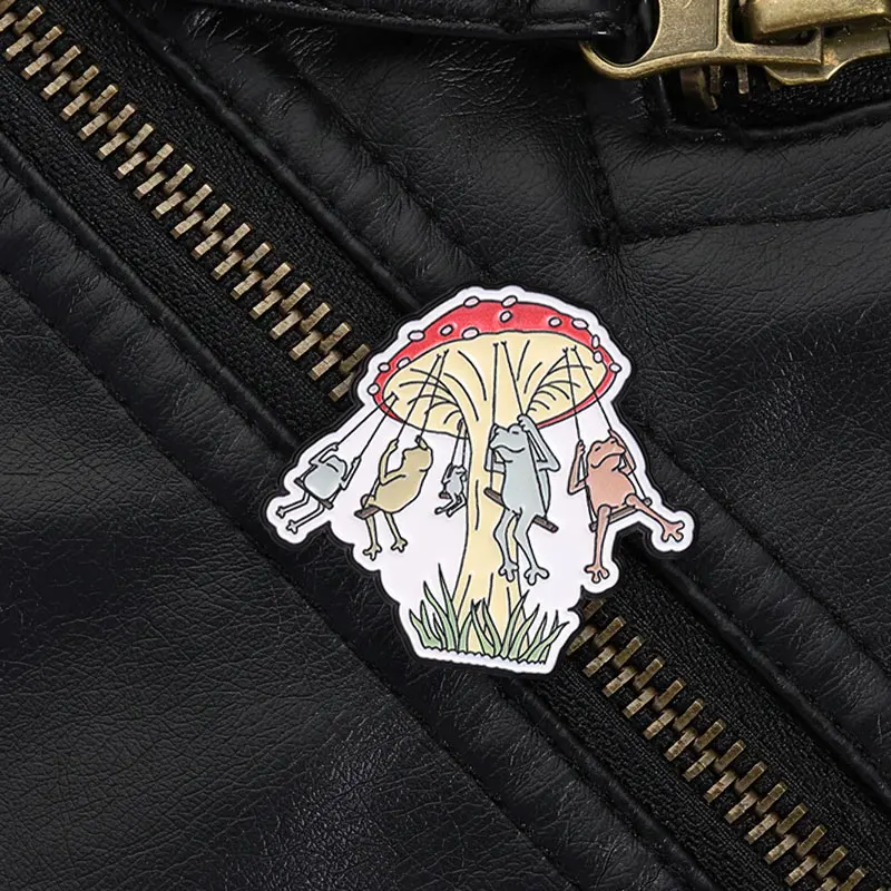 Cottagecore Mushroom Swing Frog Enamel Pin Whimsical Forest Brooch with Tiny Frogs for Calm Nature Lovers