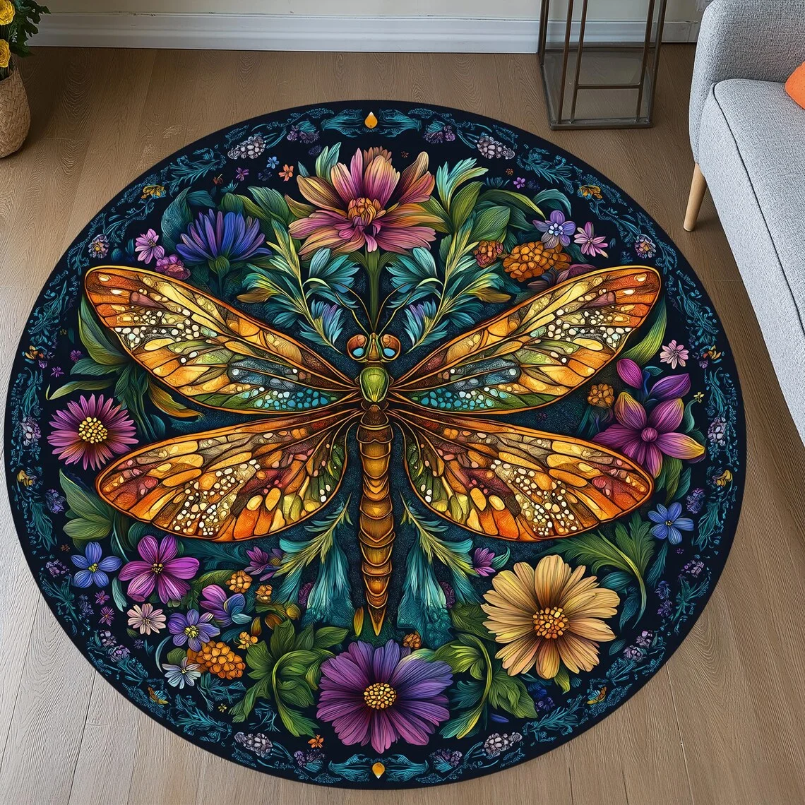 Dragonfly Rug, Dragonfly Round Rug Insect carpet, Bug Area Rug Floral Dragonfly Rug Colorful Dragonfly floor mat