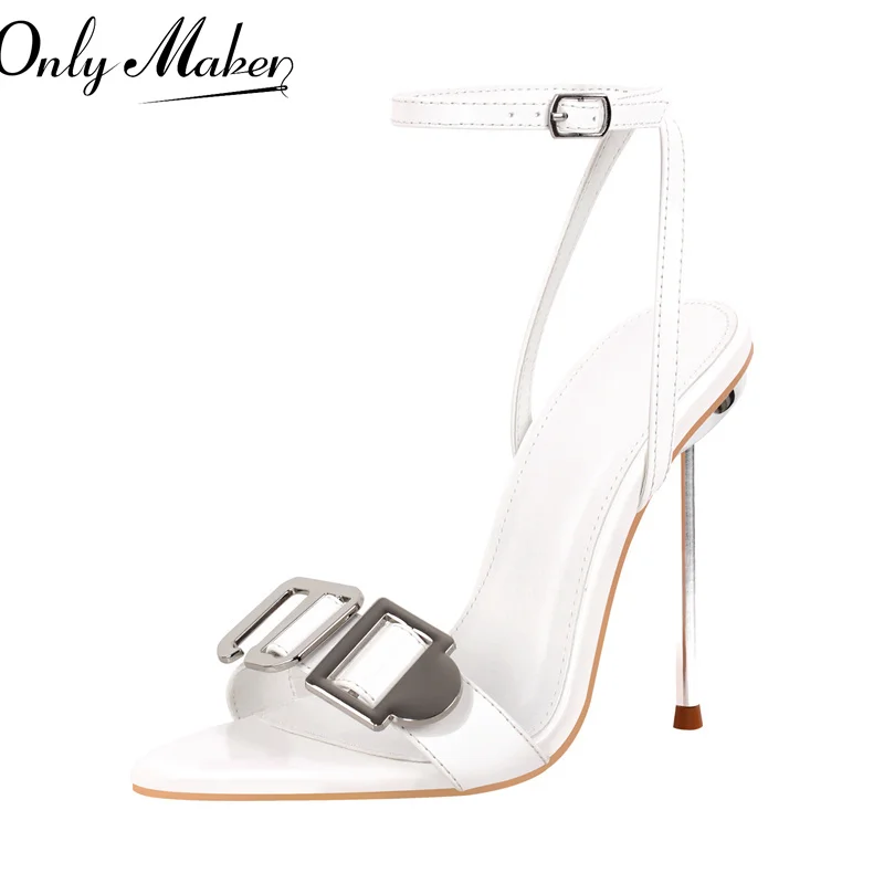 Onlymaker Women White Open Toe Stiletto Sandals Metal Heels Buckle Sandals