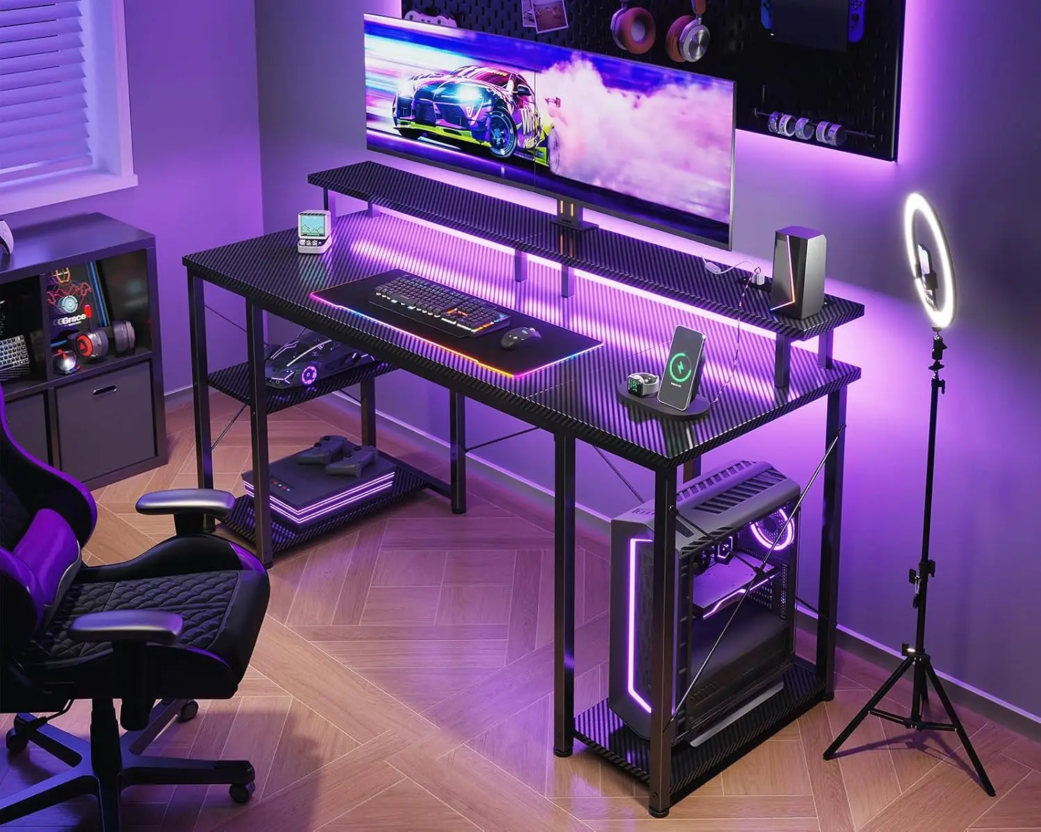 55 Inches Gaming Desk with LED Lights, Computer Desk with Monitor Stand, Pc Table with CPU Stand, Carbon Fiber Black