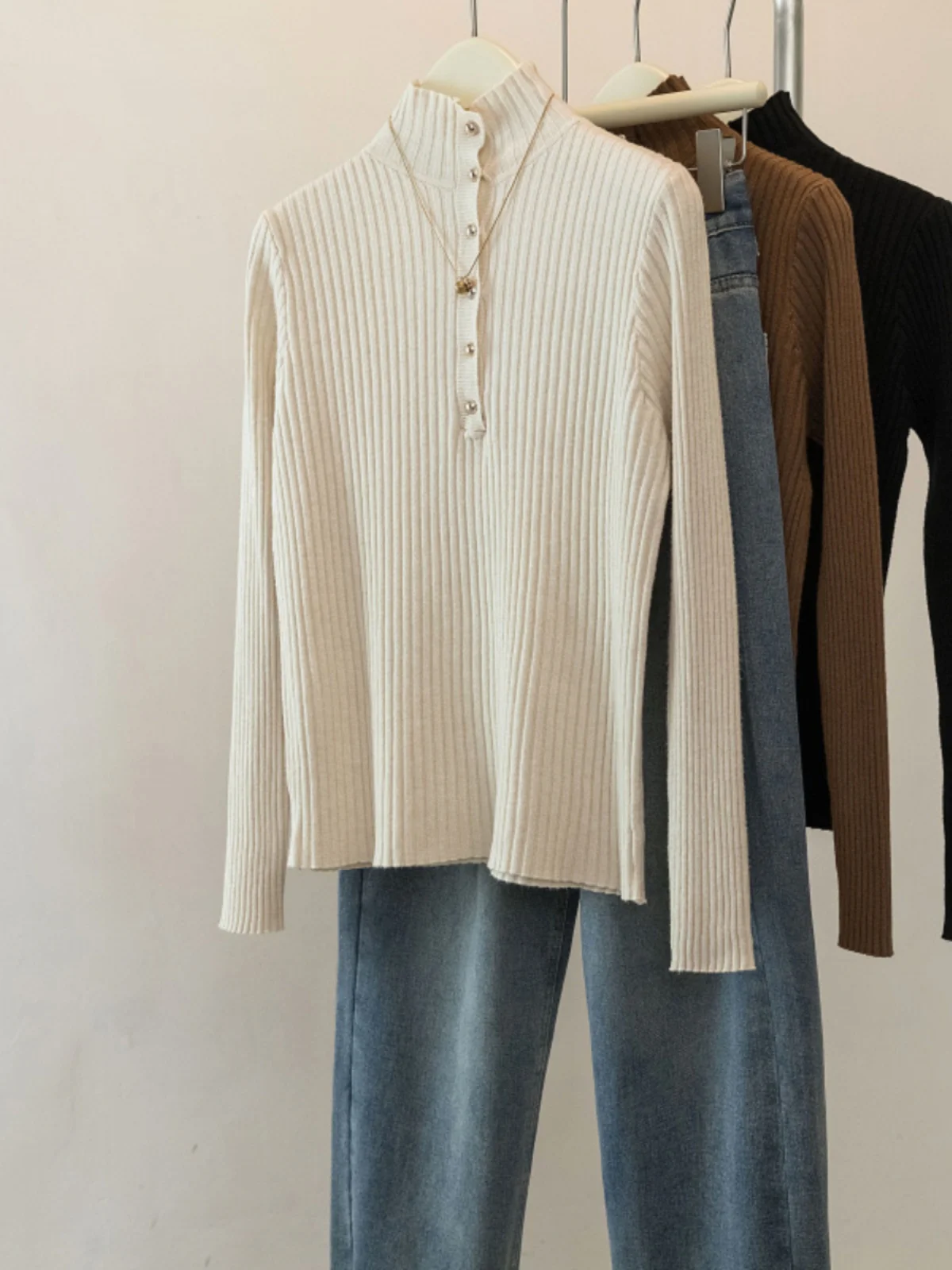 

Slim V Neck Tight Fitting Pullover Inner Sweater Women Thin Long Sleeve Knitted Basic Top Buttoned Up Long Sleeve Slim B18