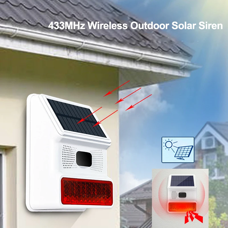 ACJ 433MHZ Wireless Outdoor Solar Alarm Horn Sound Light Flash Alarm Siren for Home Burglar Security Alarm System High Decibel