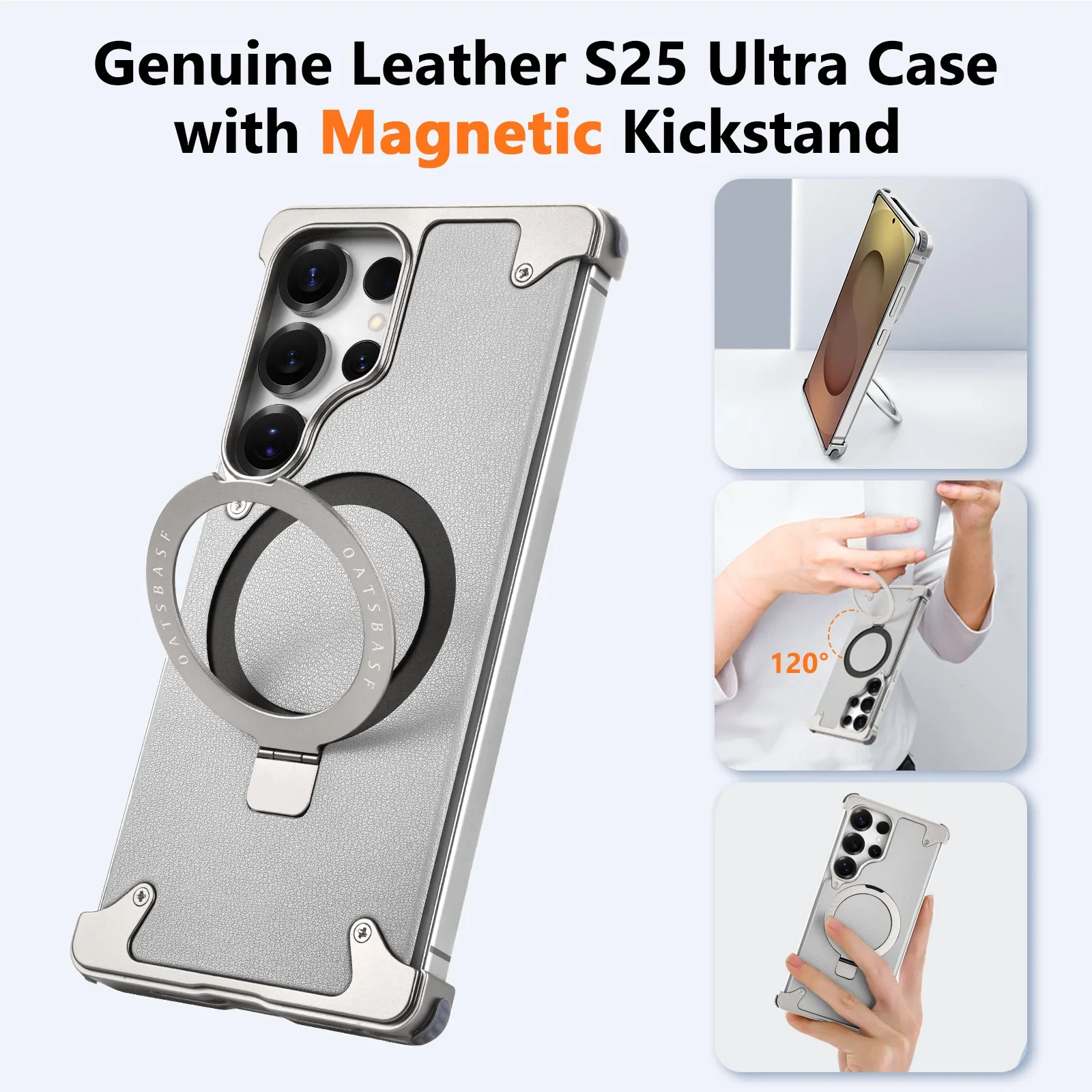 

Oatsbasf Magnetic Frameless Phone Case for Samsung Galaxy S25 Ultra with Stand Adjustable Genuine Leather Shockproof Phone Cover