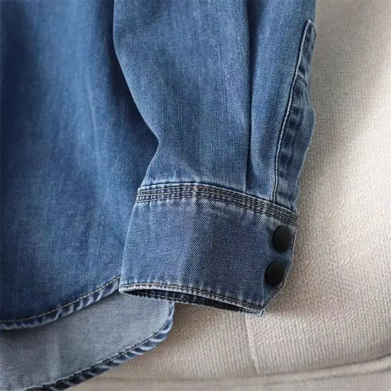 معطف الدنيم الفراء المرأة الربيع اقتصاص الحضرية Chambray الحواف الخام معاطف وشاحات جميلة مطابقة قابل للتعديل مطوي السترات خمر #4