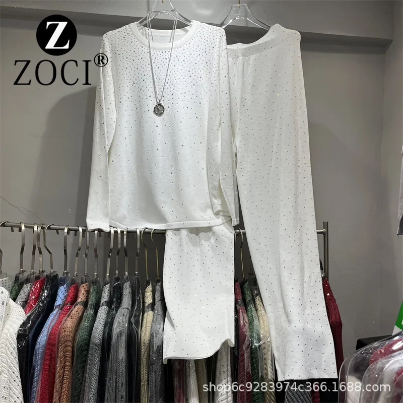 [ZOCI] Heavy Industry Diamond Studded Round Neck Long Sleeve Top Women Autumn New Knitted Pants Two Piece