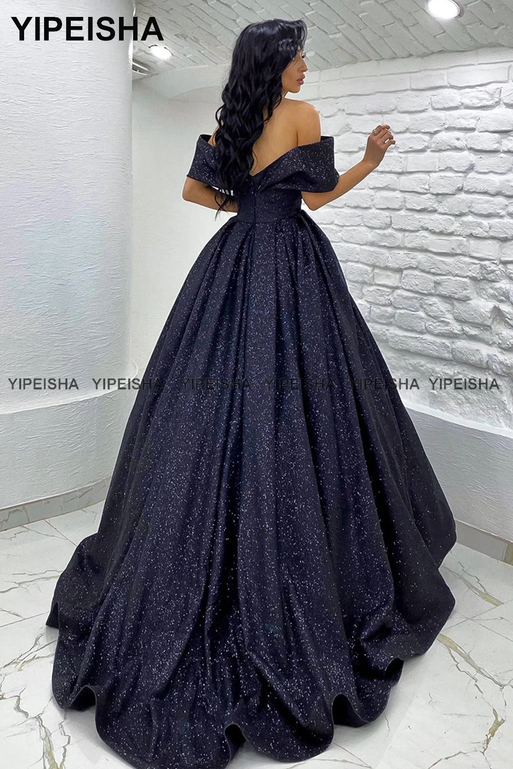 Yipeisha Off-shoulder Navy Blue Prom Dresses 2024 Glitter A-line Evening Dress Long Party Gown for Banquet Robe de Bal