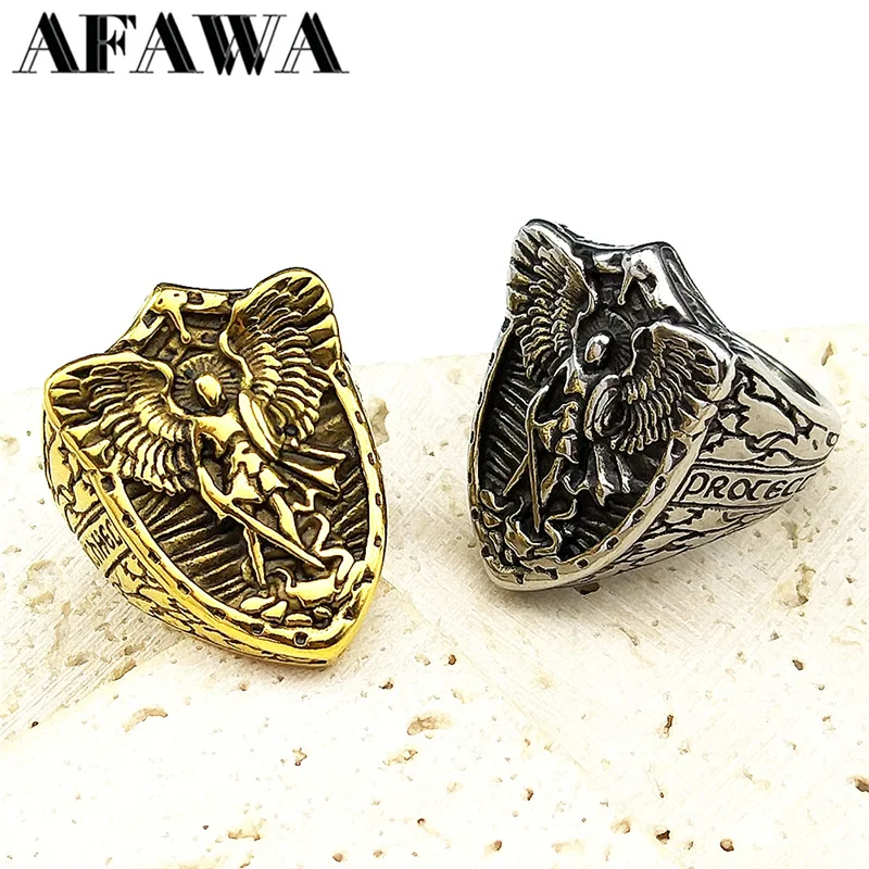 316L Vintage Saint Michael Archangel Ring for Women Men Stainless Steel Gold Color Knight Shield Finger Ring Amulet Jewelry
