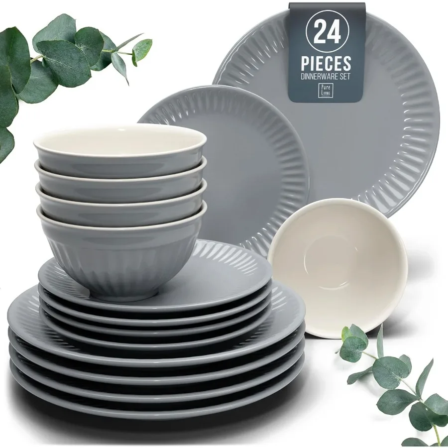 

Stoneware Dinnerware Set for 8 People HYGGE 24Piece Elegant Scandi Design Premium Dish Set Bowl and Plate Set Tableware for 8 P