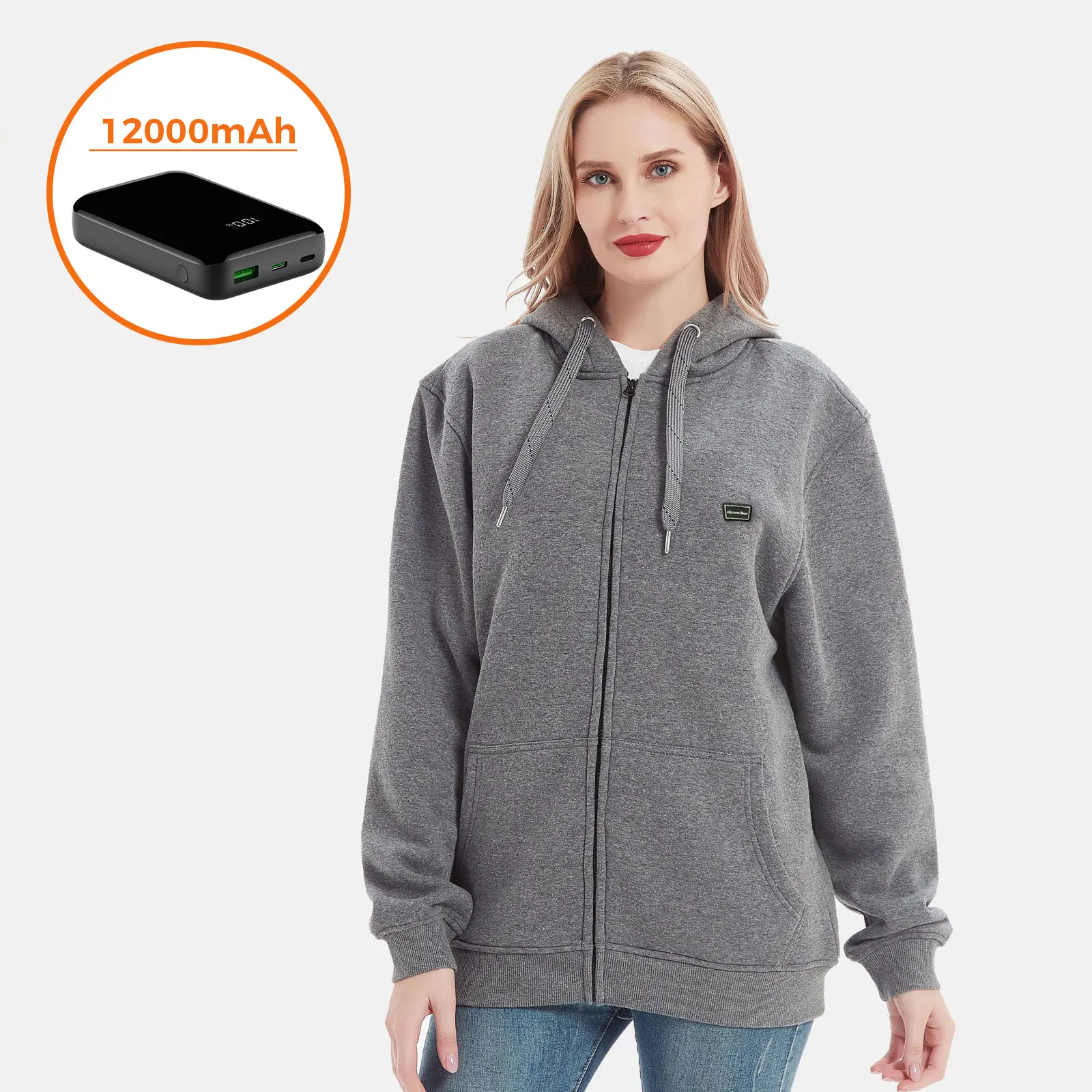 

Full Zip Up Fleece Heated Hoodie Sweatshirts Tracksuits with Battery Pack 12000mAh for Women Warm Camping Hiking Hunting Gray