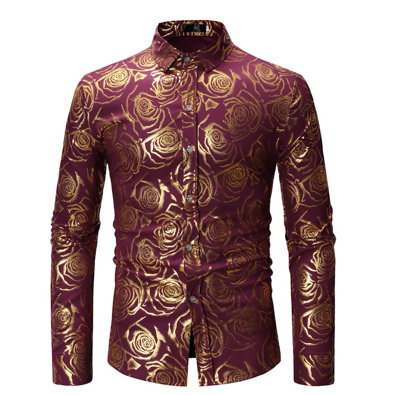 Luxury Shirts for Men Black Rose Bronzing Long Sleeve Dress Shirt Wedding Groomsmen Party Men Soft Easycare Formal Top Clothes