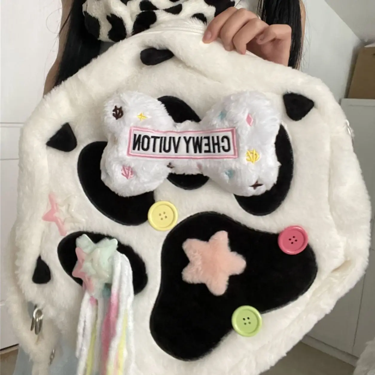 HAEX-Kawaii Patchwork Mochila para Mulheres, Decoração De Osso Pata, Peludo Estrela Borla, Subcultura Sacos, Grande Capacidade, Y2K