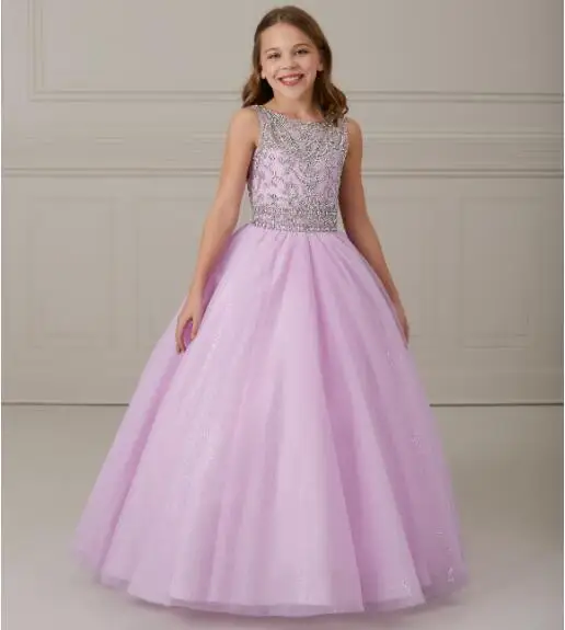 

Lilac Girls Pageant Dresses Ball Gown Scoop Tulle Beaded Long Flower Girl Dresses For Weddings Little Baby Kids Tutu