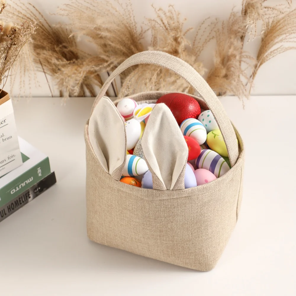 Linen Easter Basket Jute Square Bottom Portable Egg Hunt Rabbit Ear Easter Bucket Bunny Gift Tote Bag With Pom Pom Tail