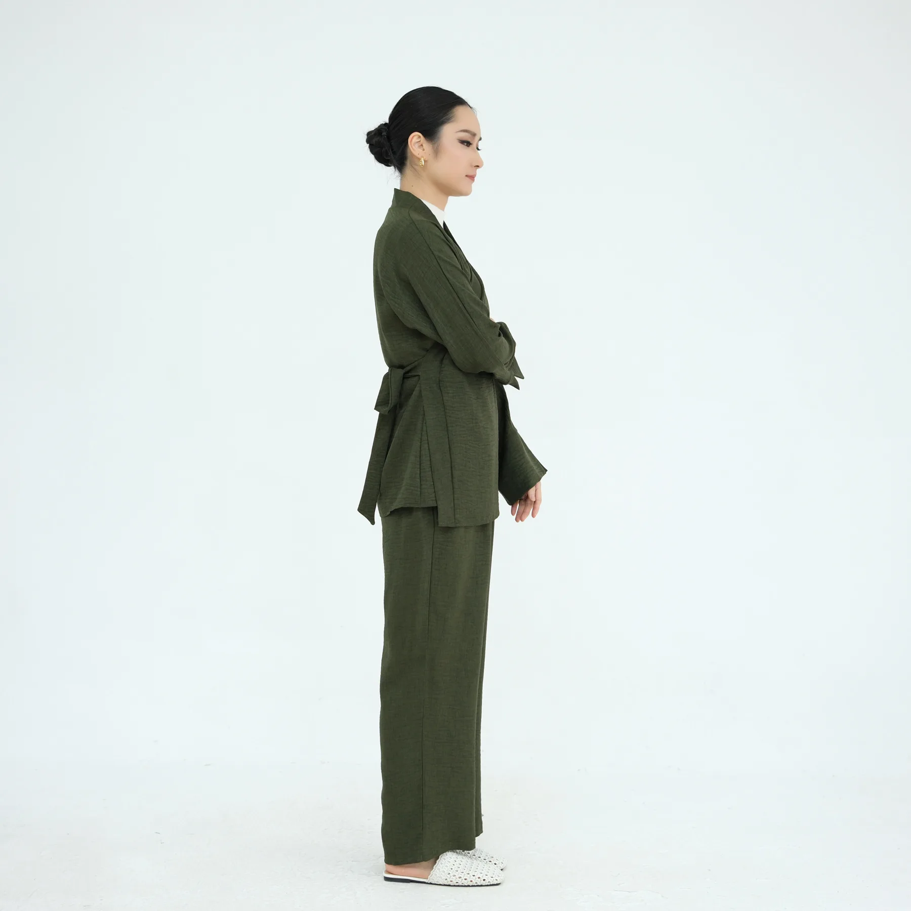 

Ramadan Middle Eastern Dubai 2 Piece Set for Modest Muslim Women Modest Tunic Top Pants Lace Up Shirt Trousers Matching Outfits