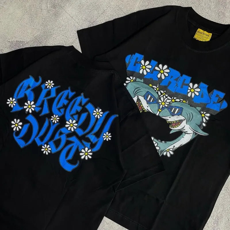 

American New Shark and Flower Design Casual Loose Cotton T-shirt Men Street Hip-hop Harajuku Fashion Punk Oversized Top Women