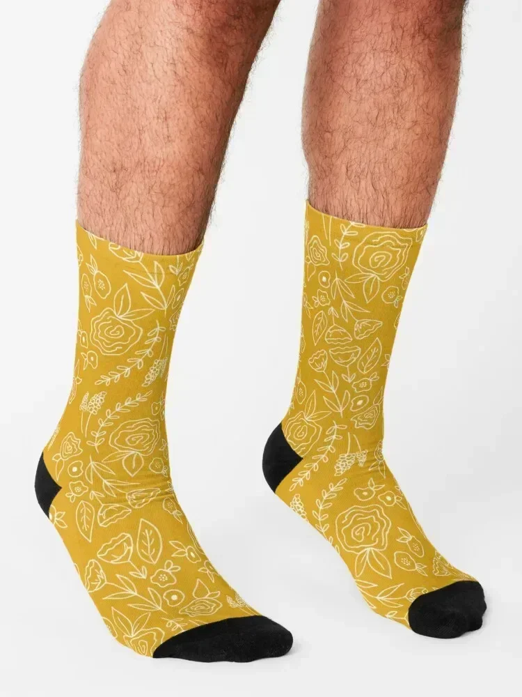 Floral Print Yellow/Mustard and White Socks funny gifts Hiking boots designer short Men's Socks Women's