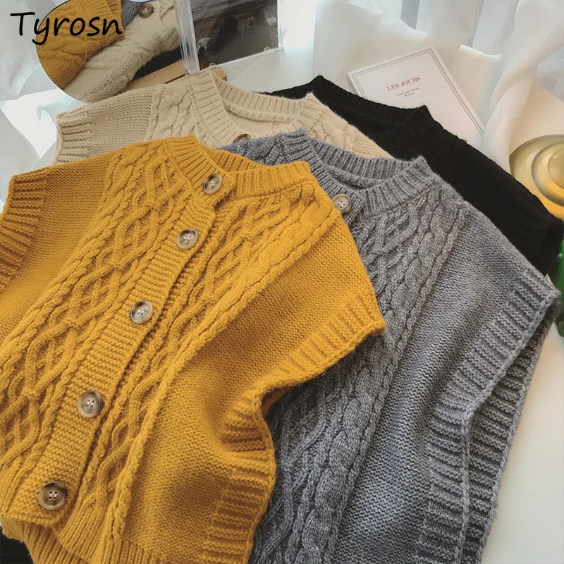 

Sweater Vests Women Crop Knitted Gentle Pure Ulzzang O-neck Autumn Literary Simple Cozy Sleeveless Buttons Design Basic College