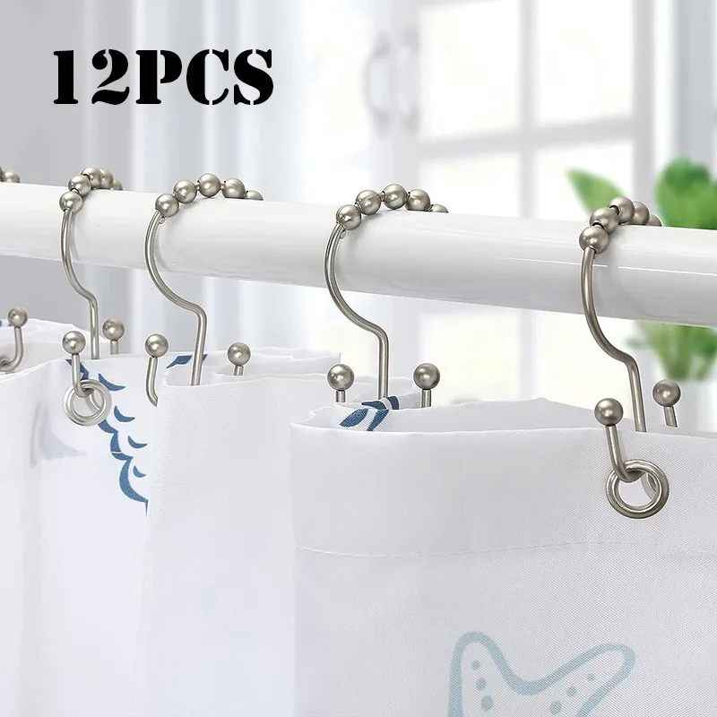 12pcs Shower Curtain Hooks Rings Stainless Steel Double Curtain Hooks Shower Hooks for Shower Curtain and Liner Bathroom