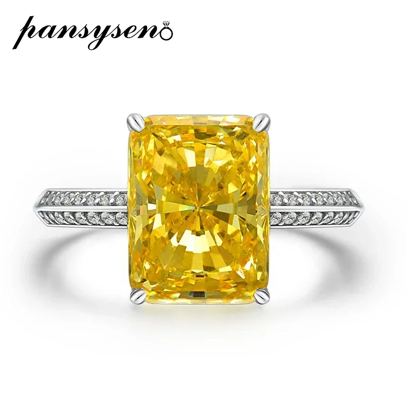 

PANSYSEN 925 Sterling Silver 9x12MM Crushed Ice Cut Citrine Gemstone Rings for Women Wedding Party 18K White Gold Plated Jewelry