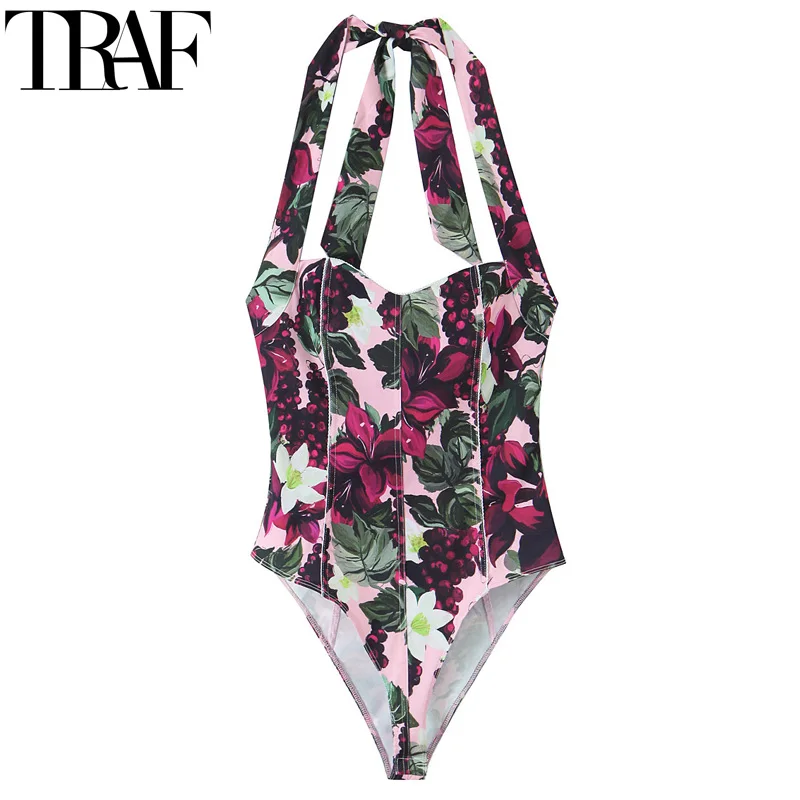 

TRAF Halter Neck Bodysuit Women Off Shoulder Print Body Suits Woman Summer Corset Backless Slimming Bodysuit One Piece Sexy Tops