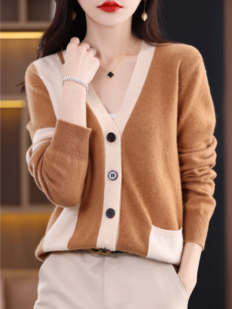 ADDONEE Women V-neck Cardigan Autumn Winter Cashmere Sweater Multicolor Basic Clothing 100% Merino Wool Knitwear Korean Style