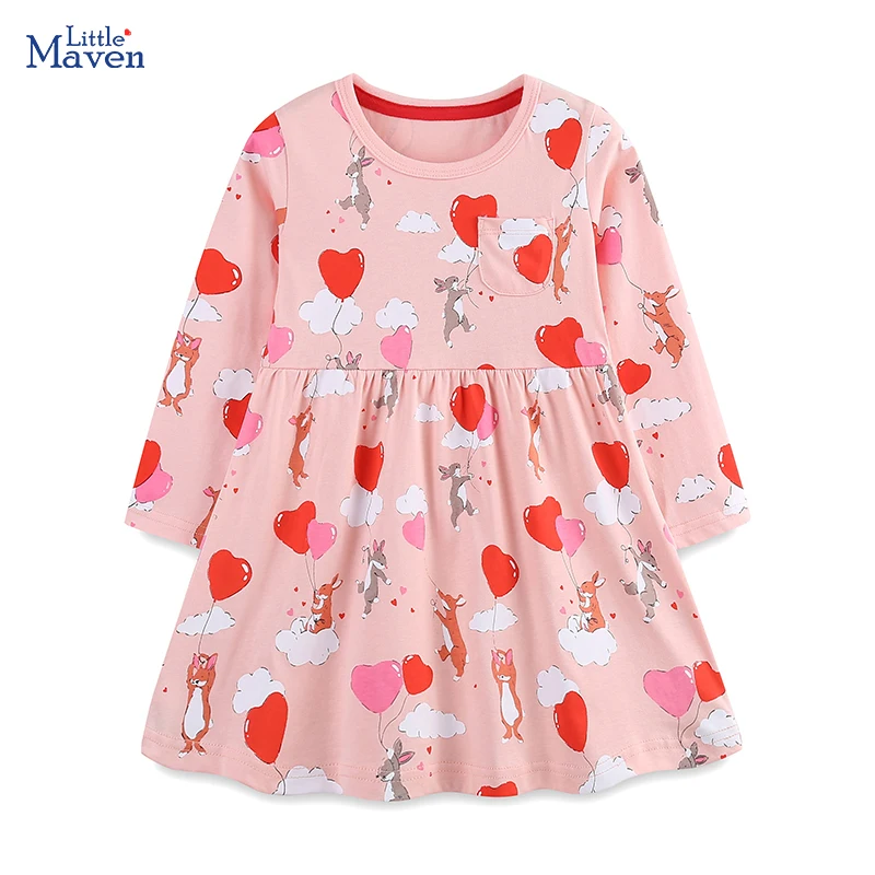 

Little maven Children's Clothing Kids Clothes 2024 Autumn Spring Girls Long Sleeves Cartoon Hearts Rabbits Casual Dress Cotton