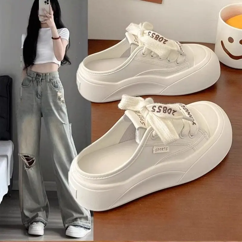 Zapatos de lona de suela gruesa para mujer, sin espalda, zapatillas blancas con puntera, medias zapatillas para mujer, zapatos de verano al aire libre de nuevo estilo