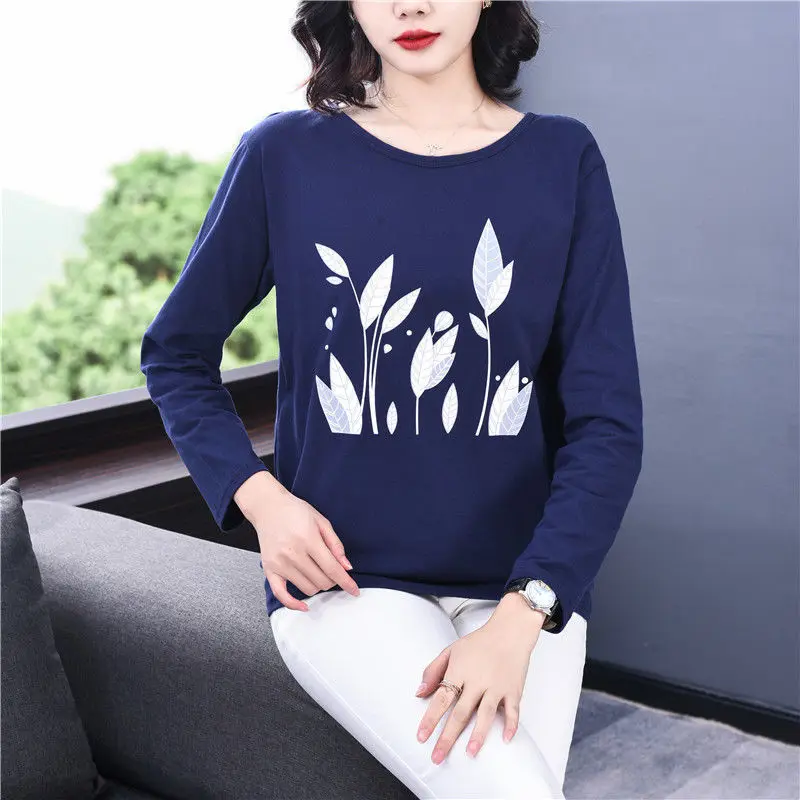 Casual O-Neck Pure Cotton Leaf Pattern Spliced Women\'s Clothing Spring Summer Bright Line Decoration T-Shirts Long Sleeve Tops