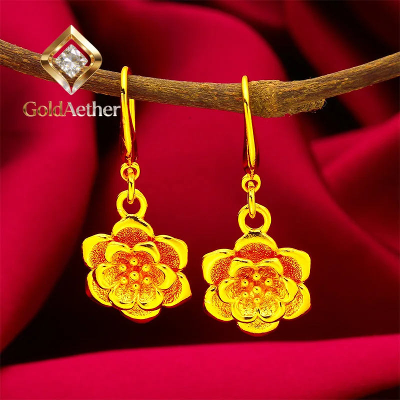 GoldNouveau Rose Earrings Women's 24K Gold AU999 - Value-preserving AU999 gold, timeless rose style, for gifting or wearing