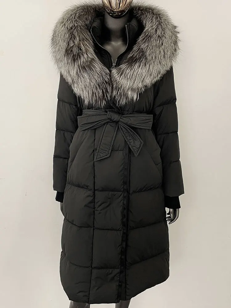Longue à capuche doudoune femmes nouveau hiver chaud blanc doudoune d'oie femmes réel manteau de fourrure de renard femme manteau de fourrure naturelle