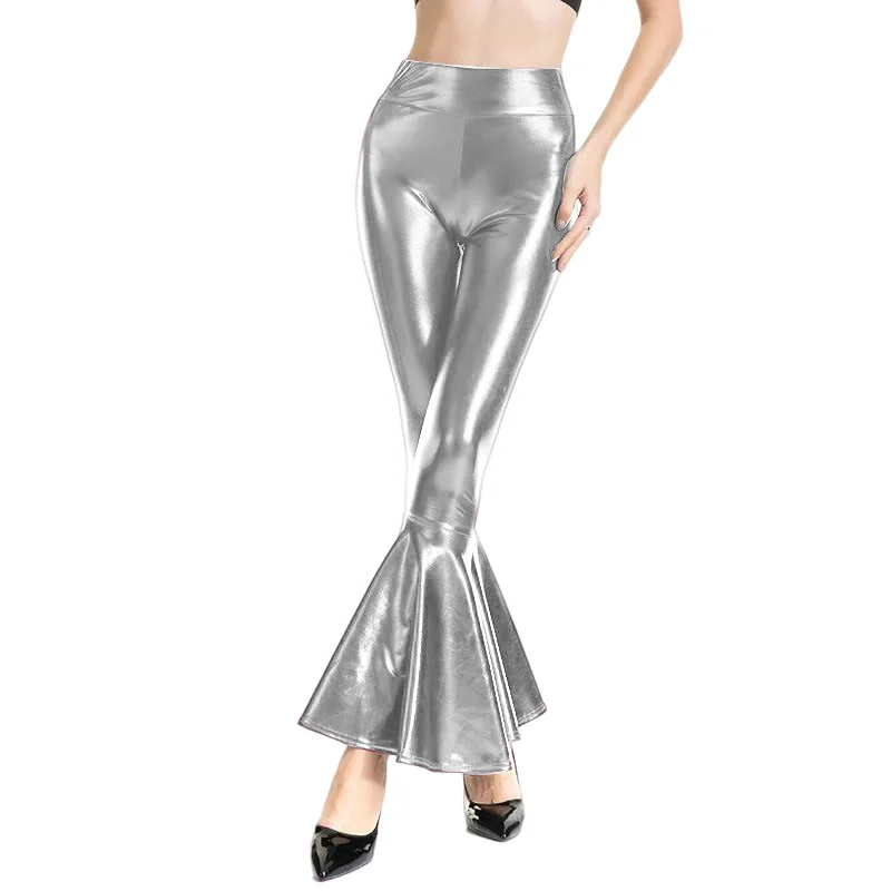 Sexy PU Leather Metallic Pants Shiny Flare Pants Clubwear Stage Performance Women Bodycon Elastic Waist Bell Bottom Trousers