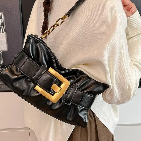 

Large Capacity Pleated Tote Bag Women's European, American Autumn and Winter New Chain Shoulder Bag Fashion Commuter Armpit Bag