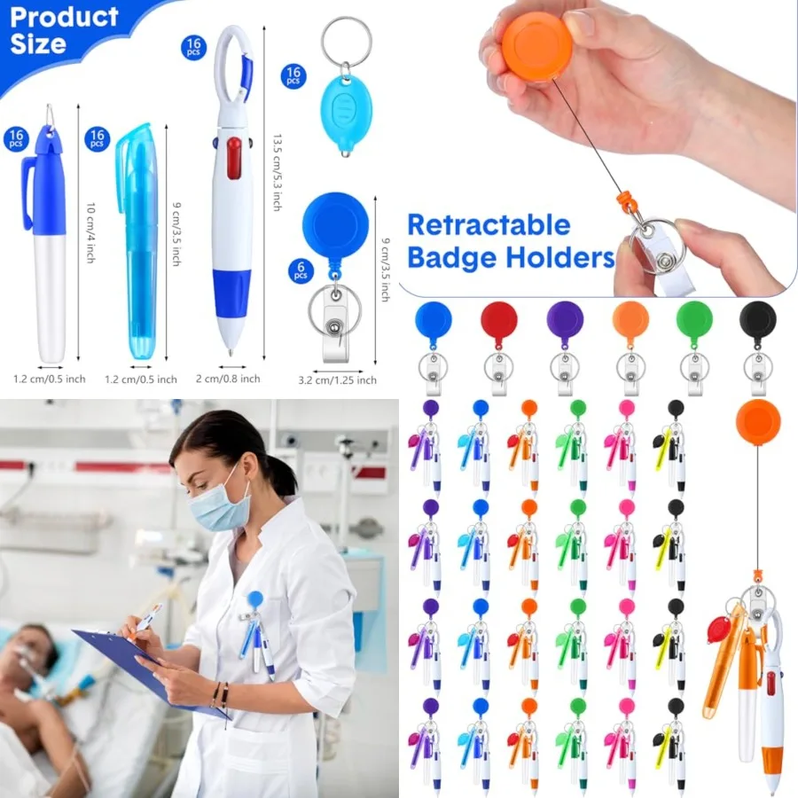 

120 Pcs CNA Nurse Pen Gift Set with Retractable Shuttle Pens, Marker Pen, Mini Tip Highlighter, LED Mini Keychain Flashlight, B