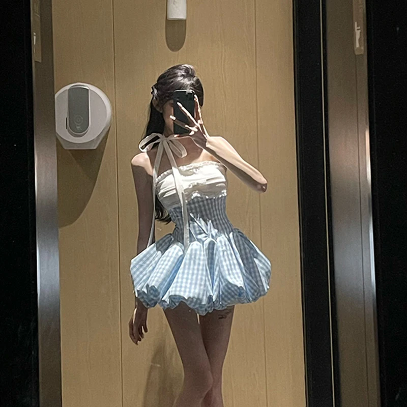 Kawaiiลายสก๊อตมินิชุดผู้หญิงแฟชั่นParty Promเซ็กซี่Budฤดูร้อนY2KเกาหลีออกแบบสายBodycon Vestidosใหม่