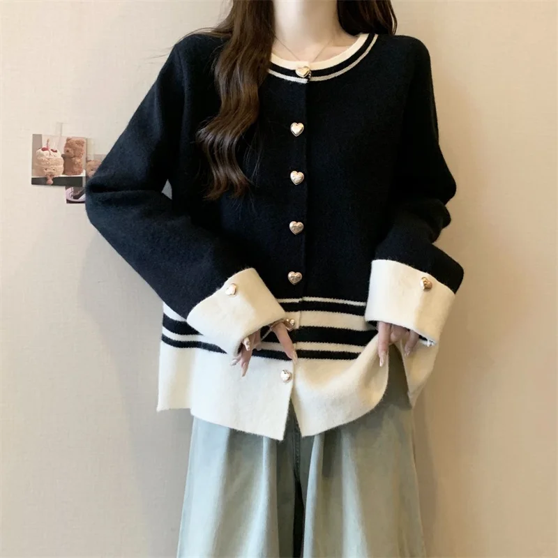 Y2K Autumn Winter Sweater Jacket 2024New Round Collar Single-Breasted Women's Clothes Blouse Fashion Stripe Female Knitwear Coat