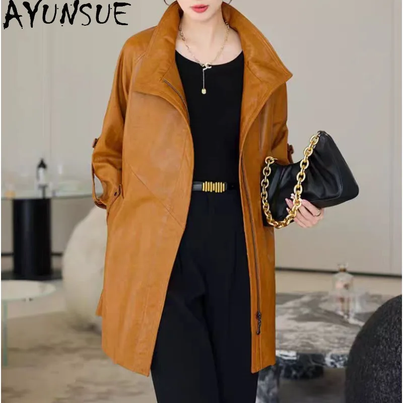 AYUNSUE Women's Real Leather Jacket Fashionable Sheepskin A-Line Jackets for Woman Mid-length Loose Tops Woman Clothes Jaqueta