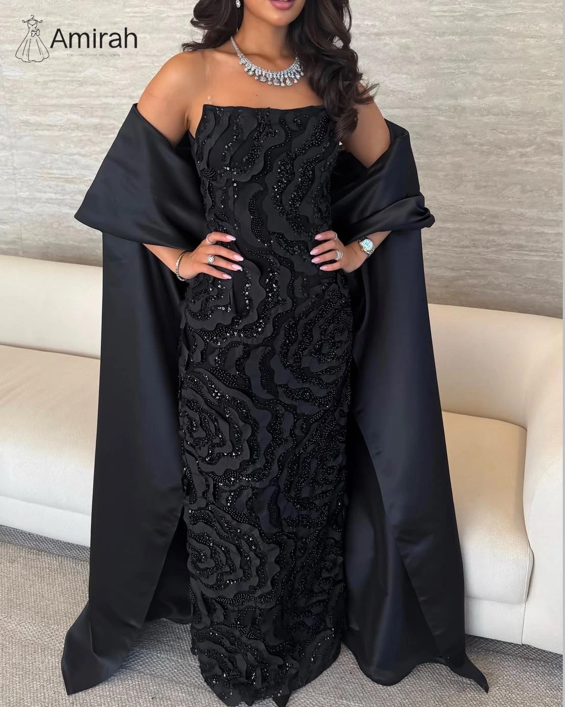 아미라 럭셔리 여성 이브닝 드레스 고급 2025 피쉬테일 새틴 비즈 자수 프롬 드레스 2025 맞춤 제작 망토 볼 가운