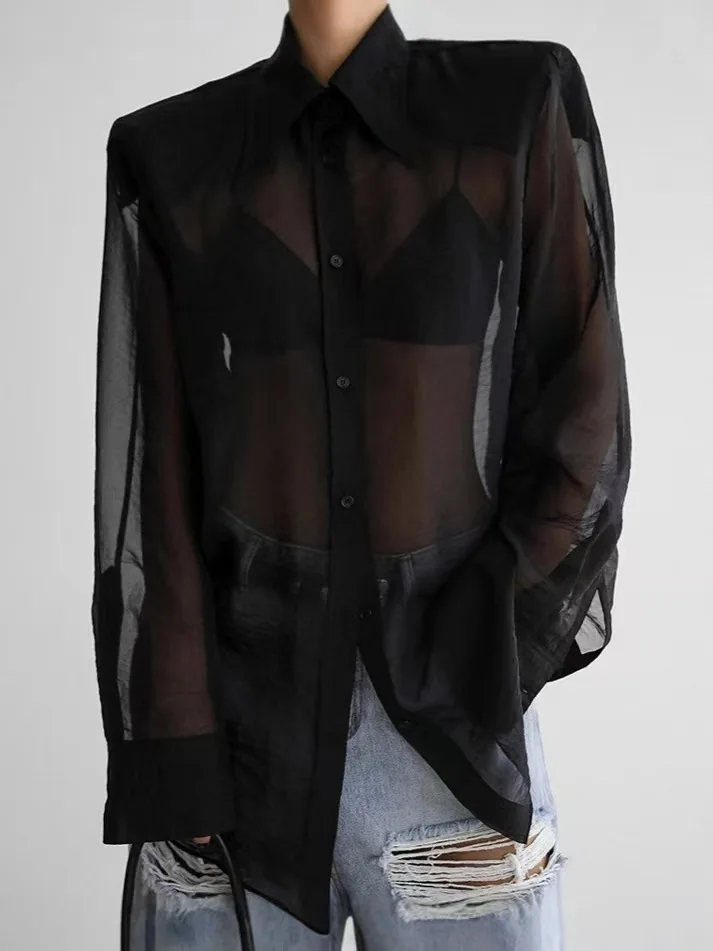 Ele Vintage Long Sve Me irt Vestibilità ampia Sexy Vedi resistente da pendolarismo Sle Colletto in puro colore abbottonato