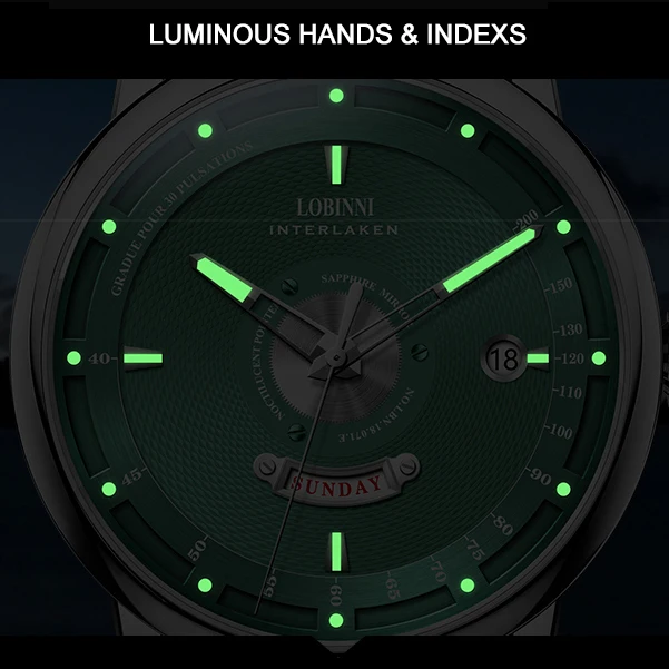 LOBINNI Men Automatic Watch 41MM Luxury Mechanical Wristwatch Sapphire Mirror Luminous Week Date Window