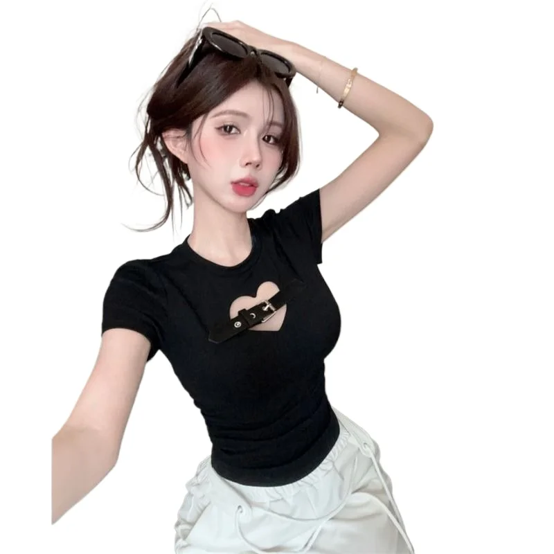 

Sweet and Cool Design Sense of Love Empty Short-sleeved T-shirt Female Summer Pure Desire Hot Girl Slim Thin Shoulder Short Top