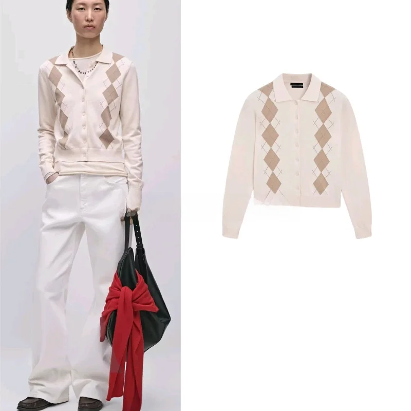 

Spring New Women's Miu Series High Intelligence Sensing Diamond Grid Collar Long Sleeve Knitted Open Cardigan Coat
