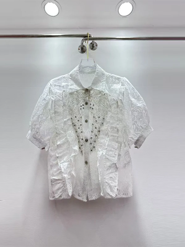 

Heavy Embellied ort irt Korean Sle Loose Fit Button Detail Lace Trim Diamond Embellied Pleated Splice Versatile Top
