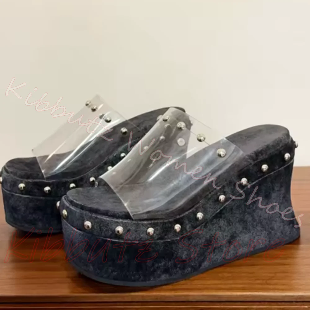 Clear Strap Platform Mules Slipper Rivet Slip On Open Toe Wedge Sandal Vintage Streetwear Daily Party Women Footwear Mixed Color