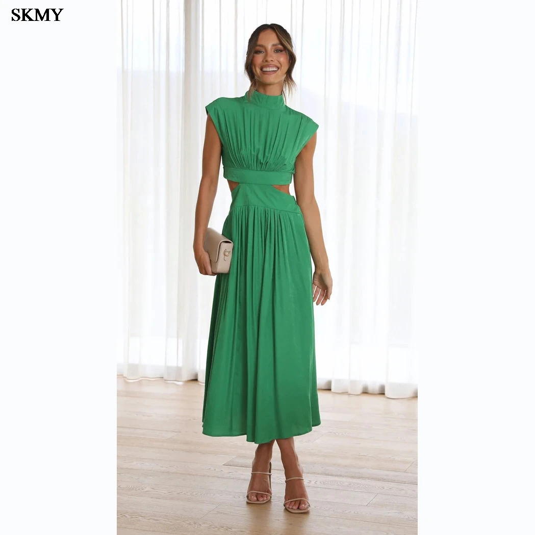 Skmy 2025 verão novo gola cintura recorte sem mangas sólido maxi vestido elegante recorte design fino ajuste versátil outfit